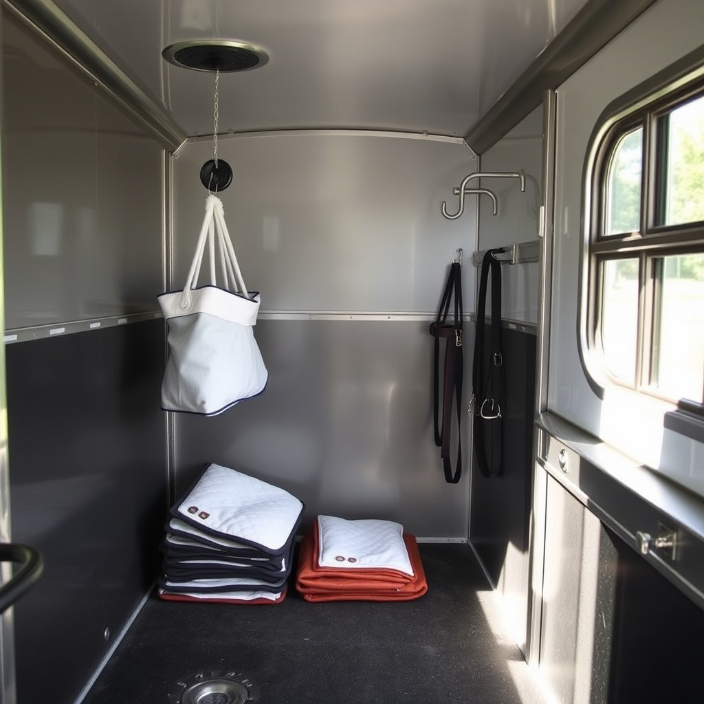 Photorealistic exterior view of a horse trailer tack compartment from a slight angle