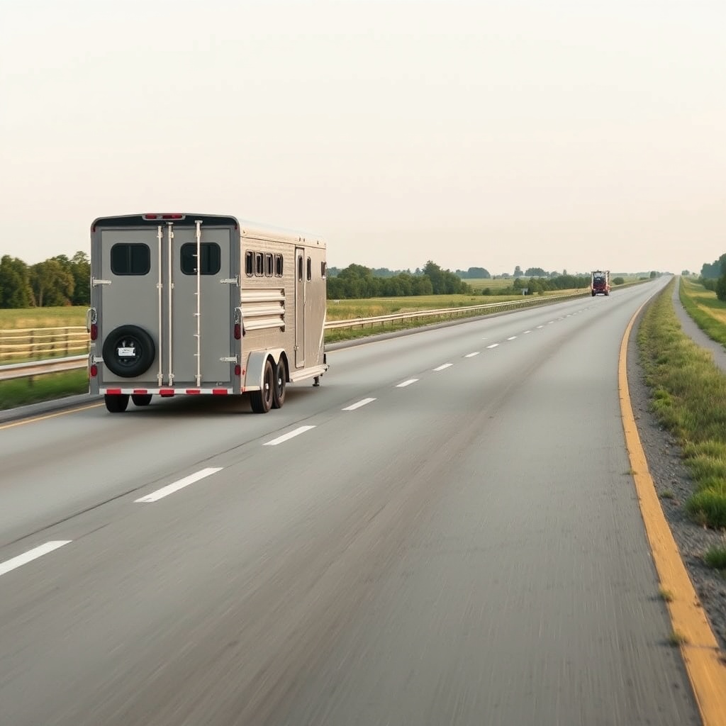 A clean photorealistic photo of a HorseTrailerPro dual axle trailer being towed on a strai