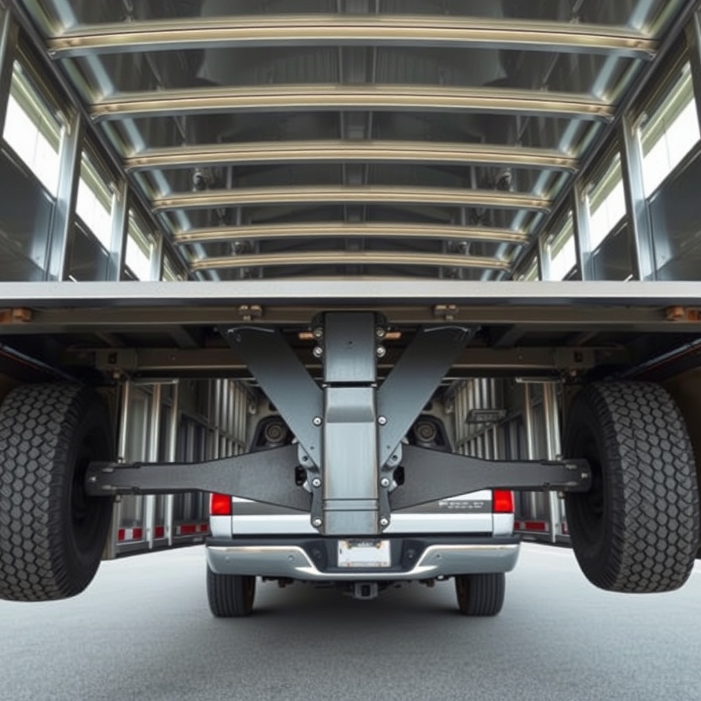 <A clean photorealistic photo/illustration showing the underside of a HorseTrailerPro trai