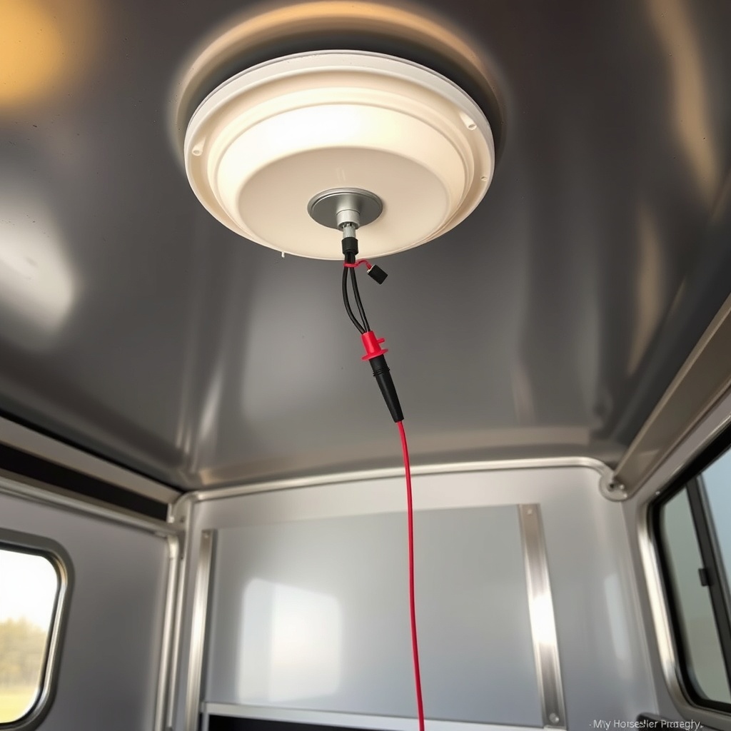 <clean photorealistic photo of a HorseTrailerPro interior showing the ceiling light fixtur