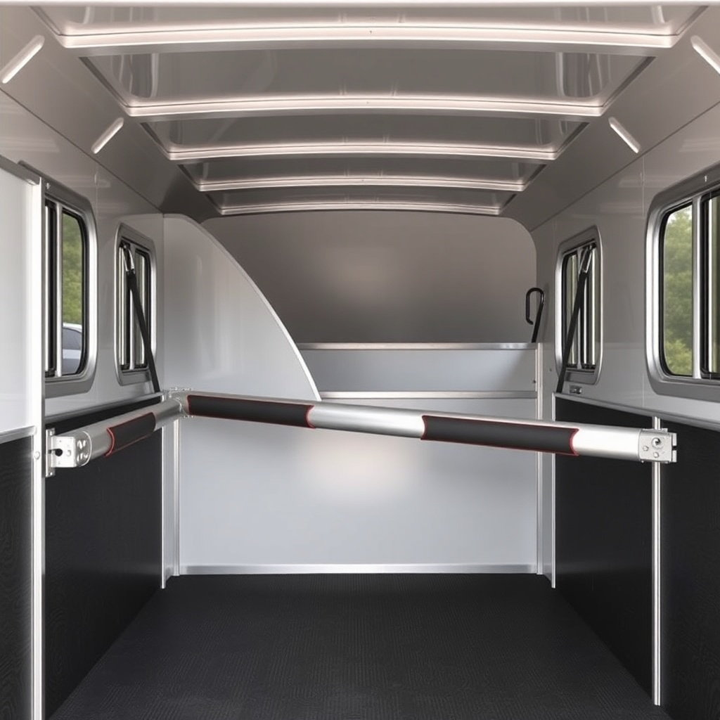 <clean photorealistic photo illustrating HorseTrailerPro interior with adjustable partitio