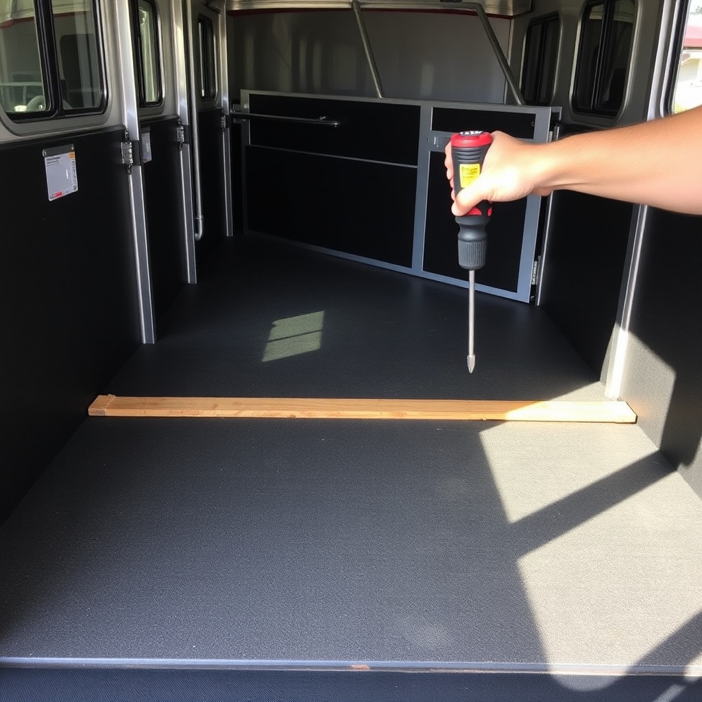 A clean photorealistic photo of a Sundowner SunLite’s interior floor showing the rubber ma