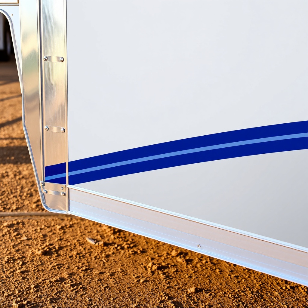 A photorealistic close-up photo of a Sundowner SunLite trailer’s sidewall