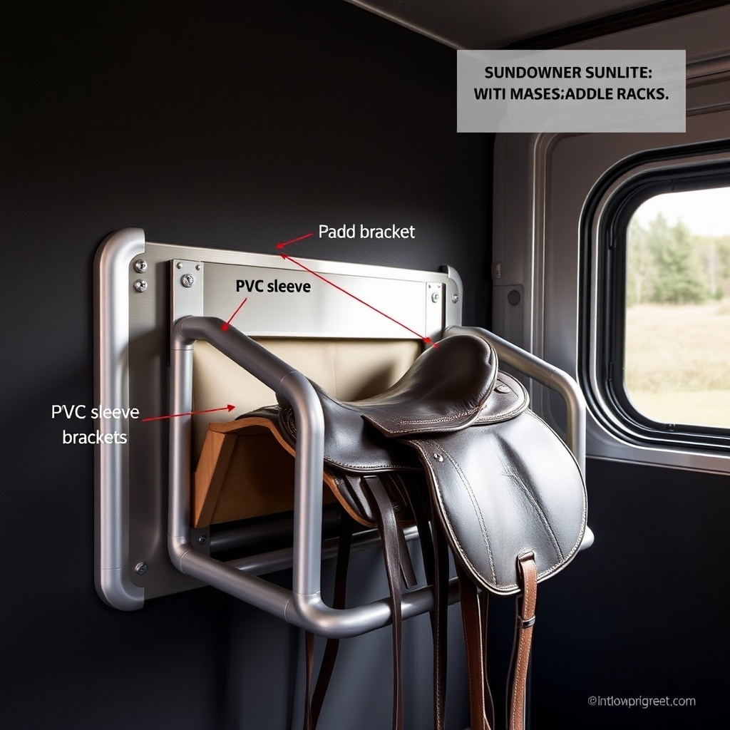 Close-up of a padded aluminum saddle rack bolted to the wall of a Sundowner SunLite