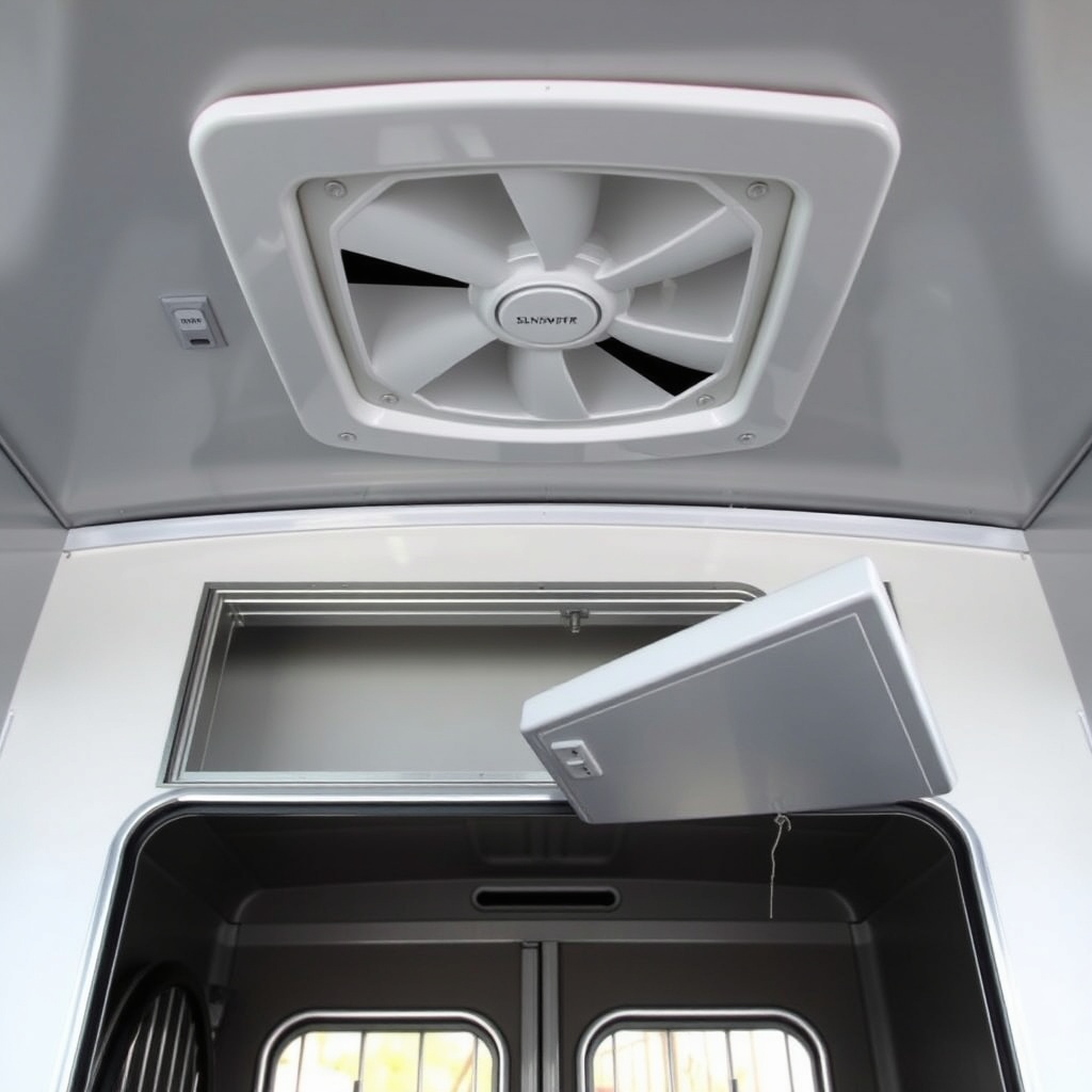 A view from inside a Sundowner SunLite showing the roof vent fan over the horse compartmen