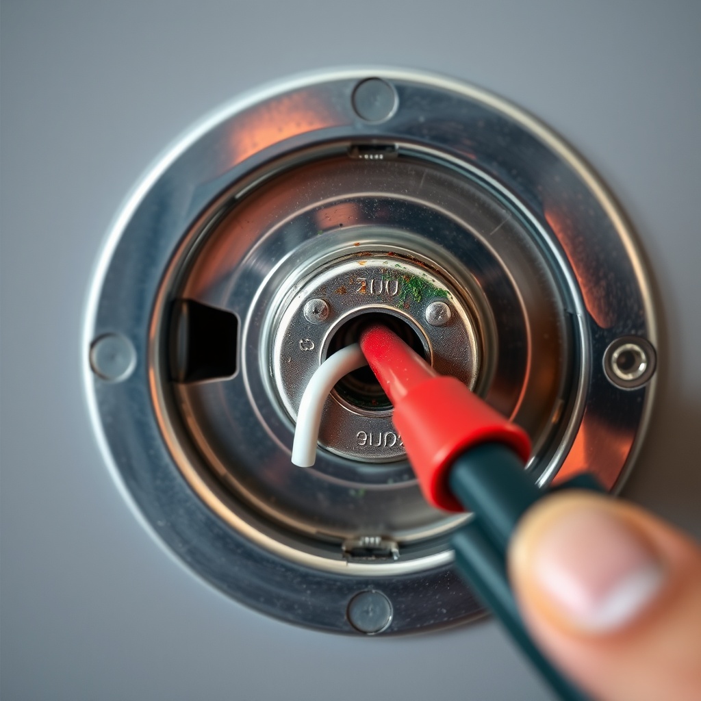 A close-up photorealistic photo of a hand holding a multimeter probe against the back of a