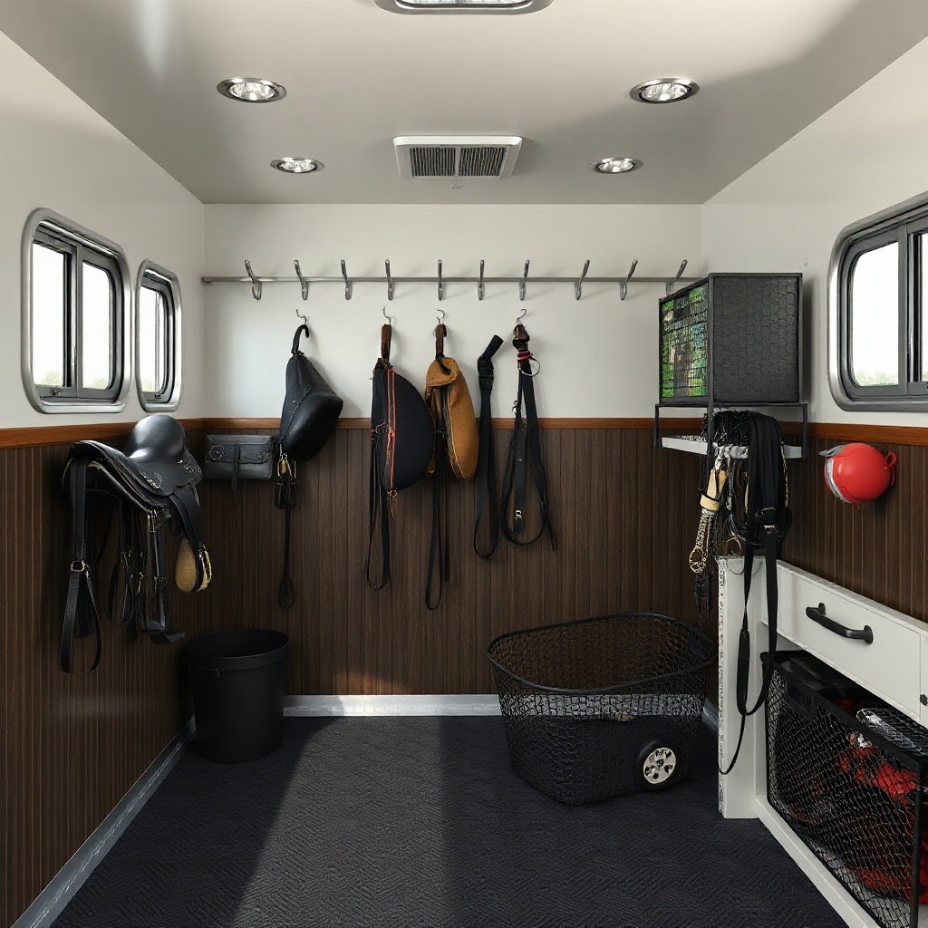 A clean photorealistic photo of the Exiss 3-Horse GN front tack room interior showing padd
