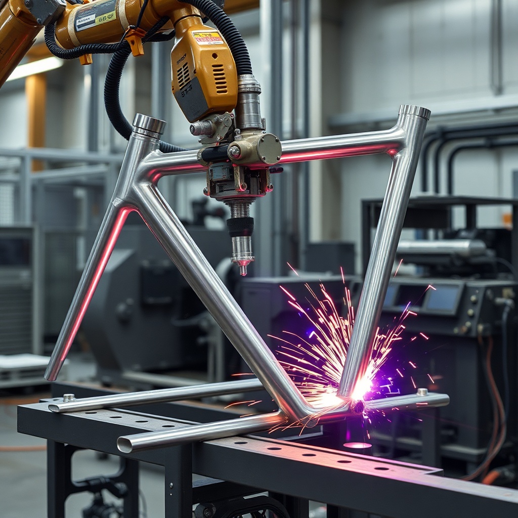 <clean photorealistic photo/illustration of a Featherlite 8549 frame being robotically wel