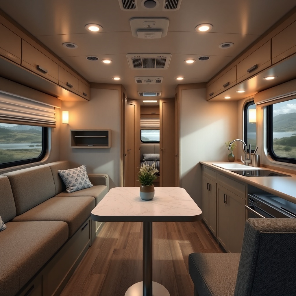 Photorealistic photo of Featherlite 8549 living quarters interior showing front couch