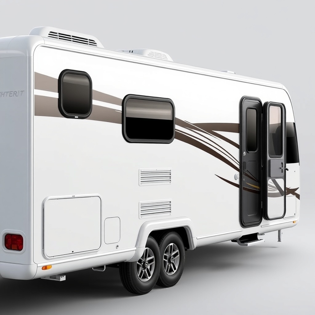 Photorealistic photo of Featherlite 8549 exterior showing the living quarters side with wi