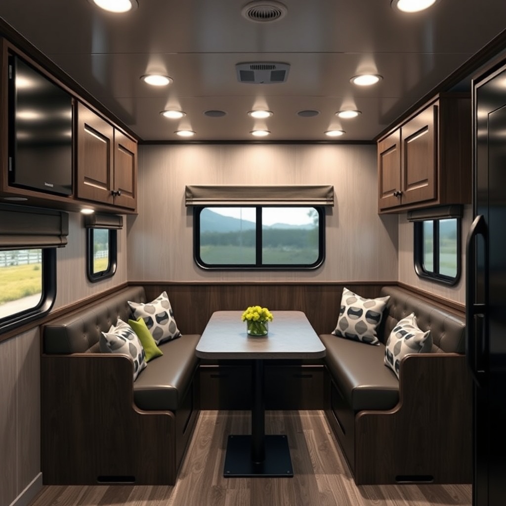 A photorealistic photo of a HorseTrailerPro 3-horse gooseneck living quarters interior sho