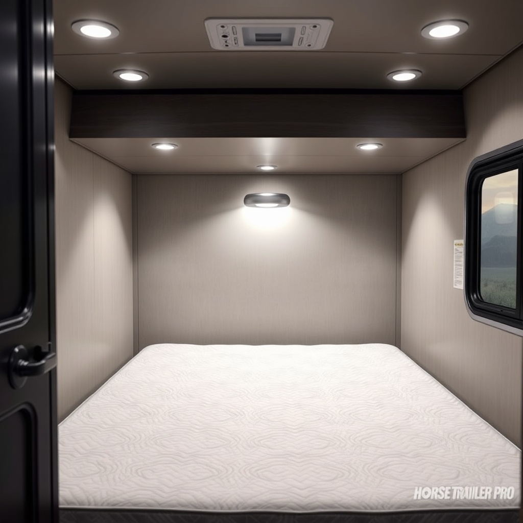 A photorealistic photo of the HorseTrailerPro cab-over queen bed area with soft lighting