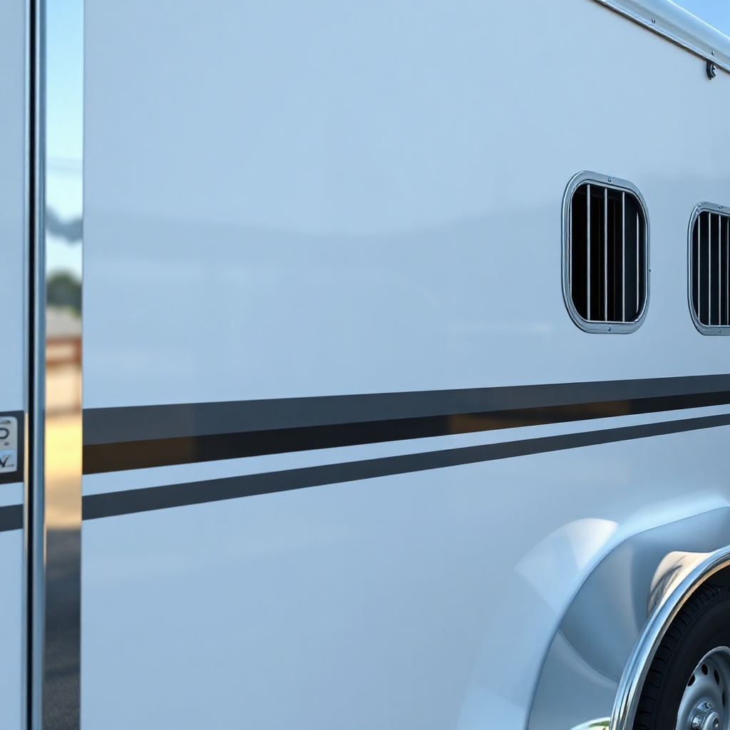 <A photorealistic photo of a HorseCraft Elite trailer side view