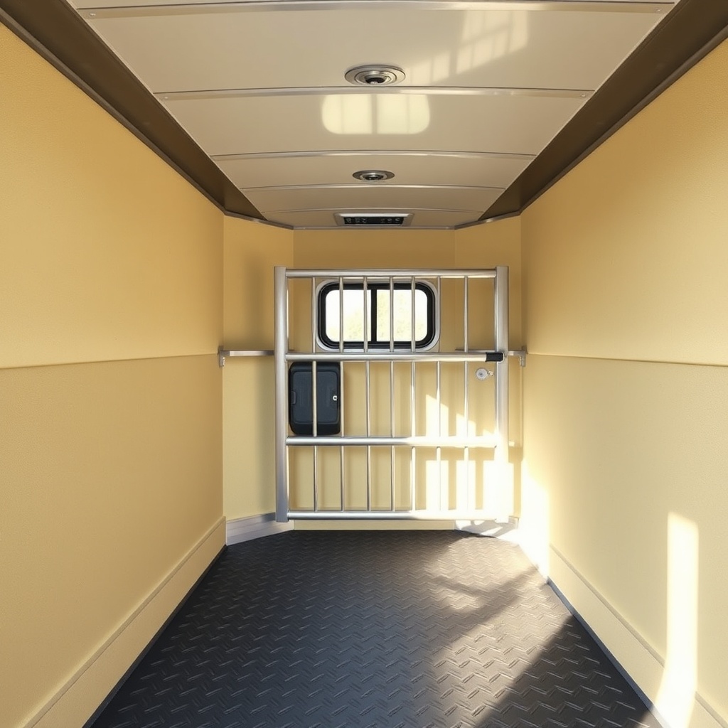 A photorealistic wide shot of a HorseTrailerPro horse compartment interior showing thick f