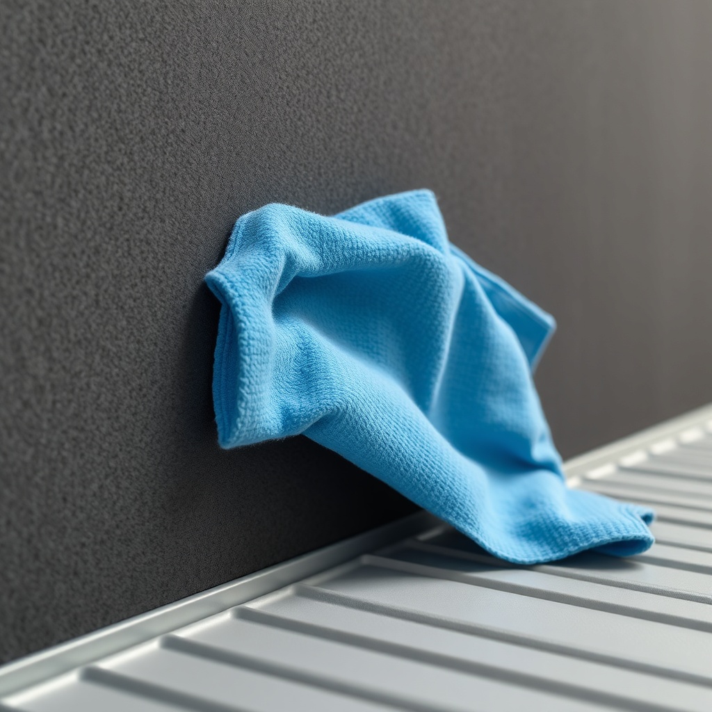 A close-up photorealistic photo of a foam wall panel being wiped with a blue cloth