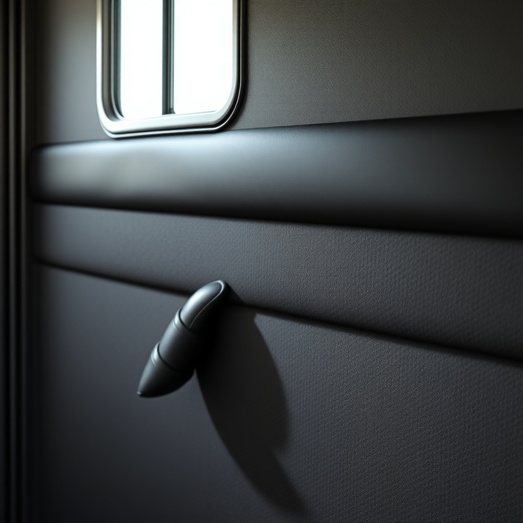 <A photorealistic close-up of the layered foam padding on the interior wall of a HorseTrai