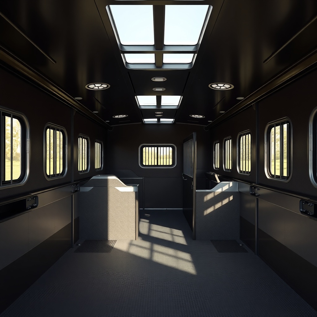 <A photorealistic wide-angle view of the entire horse compartment interior of a HorseTrail