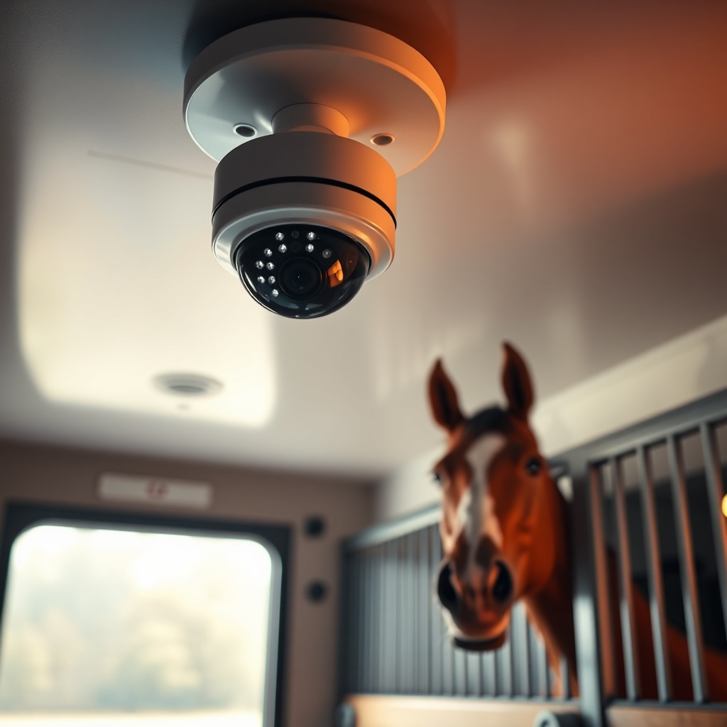 A photorealistic photo of the horse compartment interior showing a ceiling-mounted securit