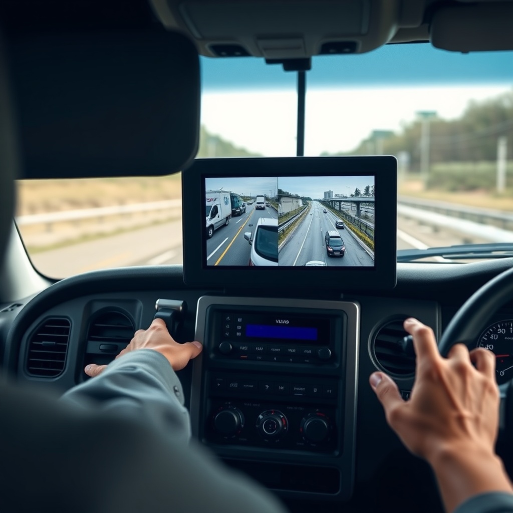A photorealistic photo of the tow vehicle dashboard showing a 7-inch monitor displaying fo