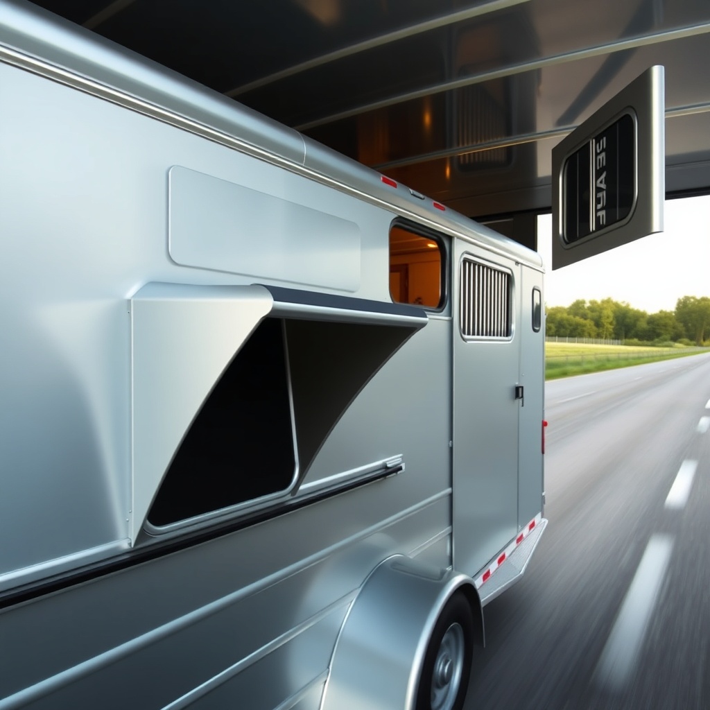 Exterior side view of a HorseTrailerPro trailer at highway speed