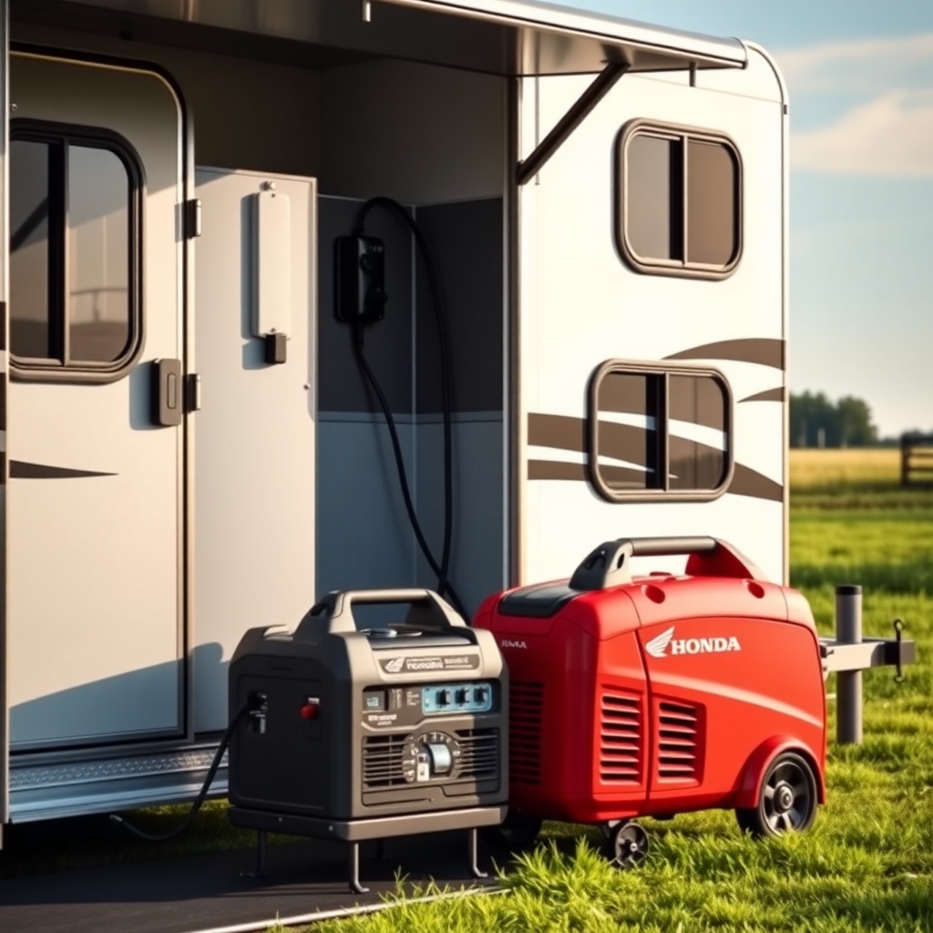 A photorealistic 16:9 photo of a HorseTrailerPro living quarters exterior showing the powe