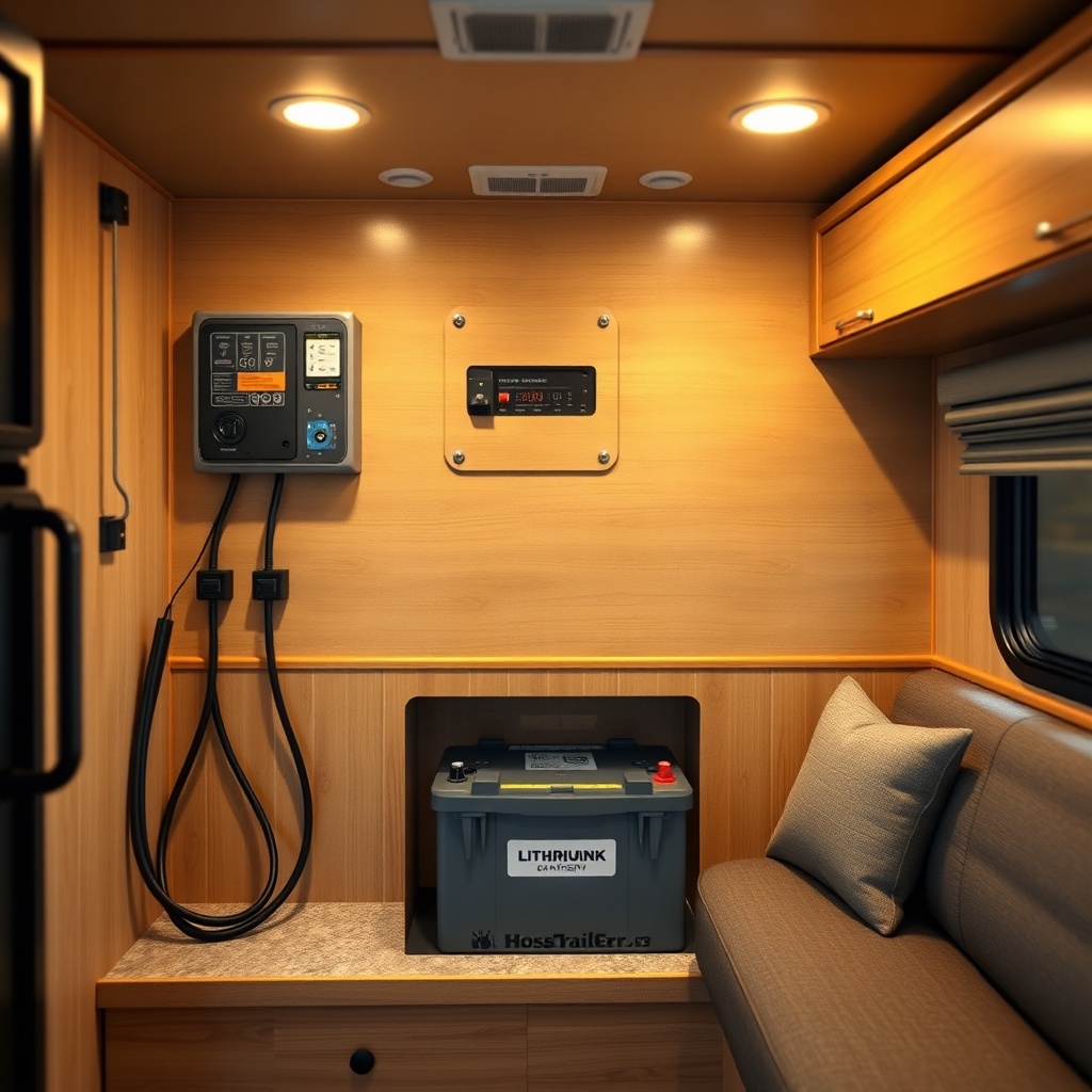A photorealistic 16:9 photo of the interior of a HorseTrailerPro living quarters showing t