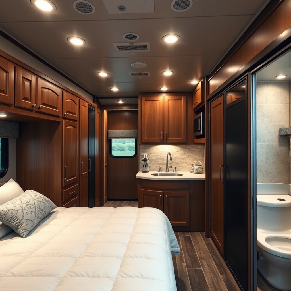 A photorealistic photo of a HorseTrailerPro living quarters interior showing a queen bed