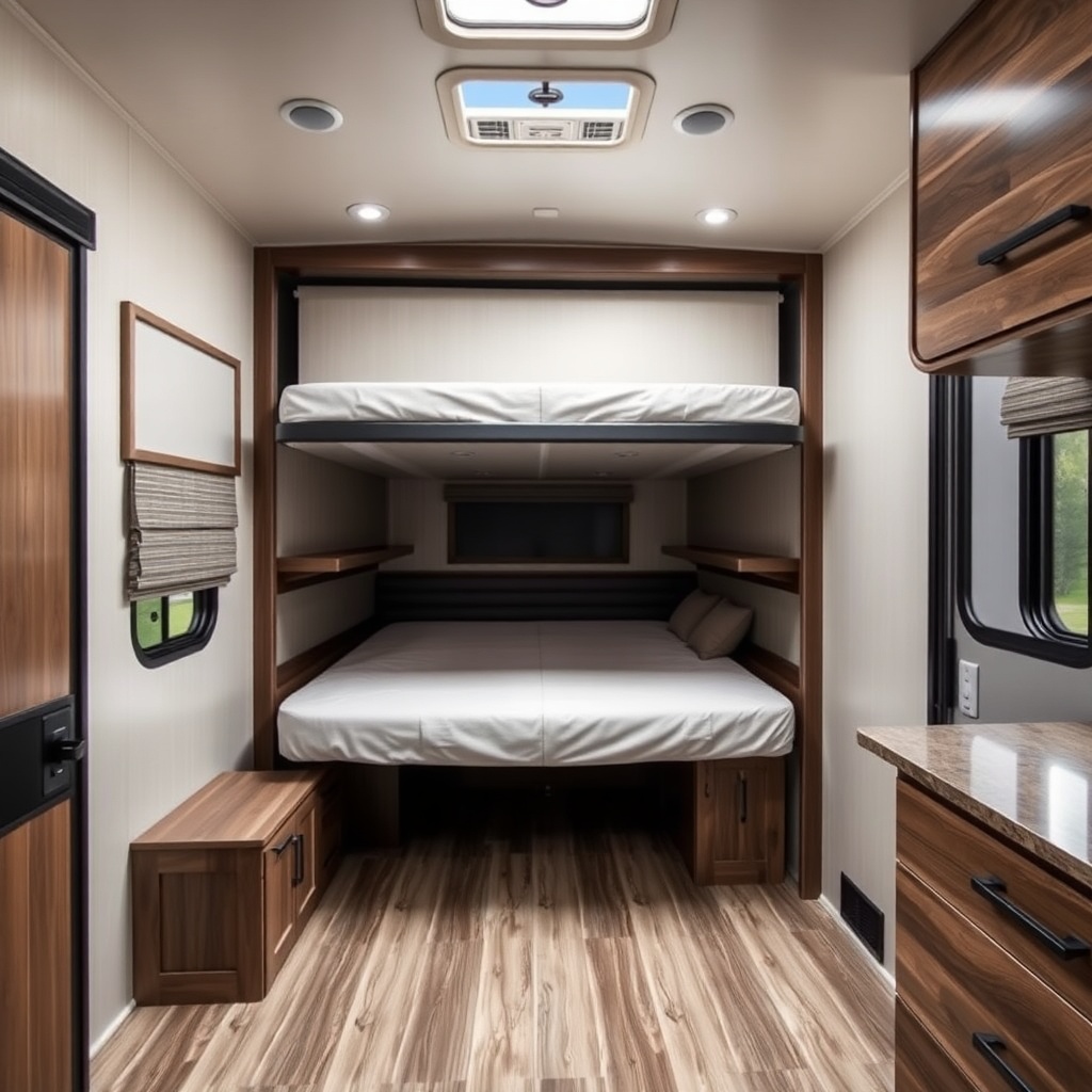 A photorealistic photo of a HorseTrailerPro living quarters with a Murphy bed partially fo
