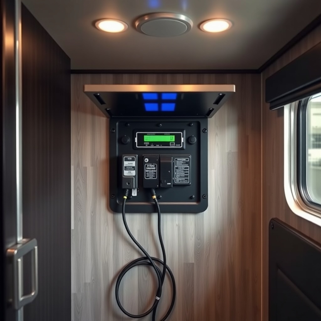 A photorealistic photo of a HorseTrailerPro living quarters interior showing the power pan