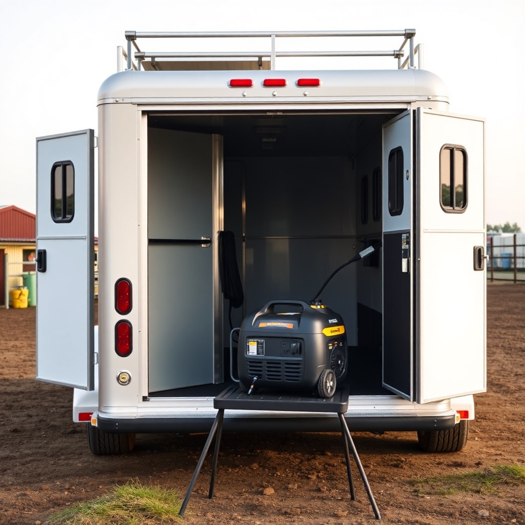 A photorealistic photo of a HorseTrailerPro trailer parked at a horse show
