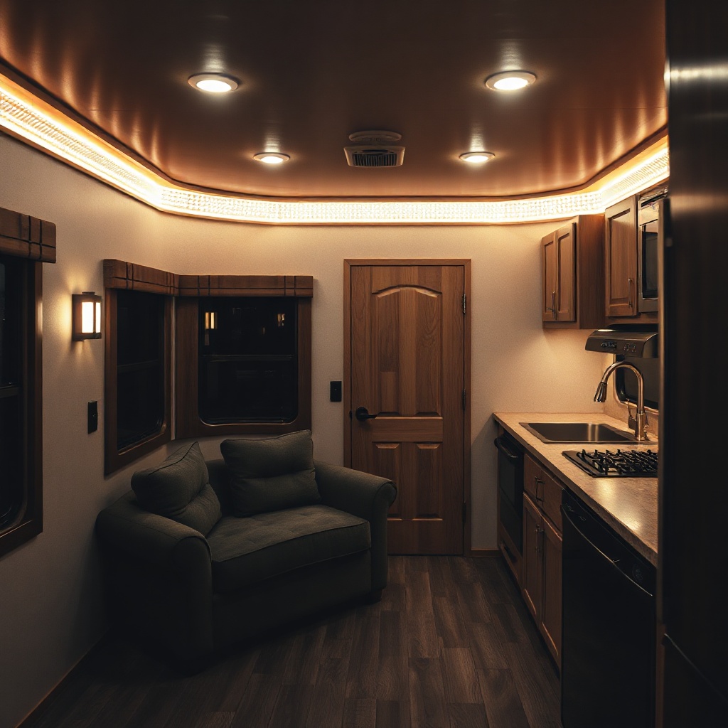 <A photorealistic photo of a HorseTrailerPro living quarter at night