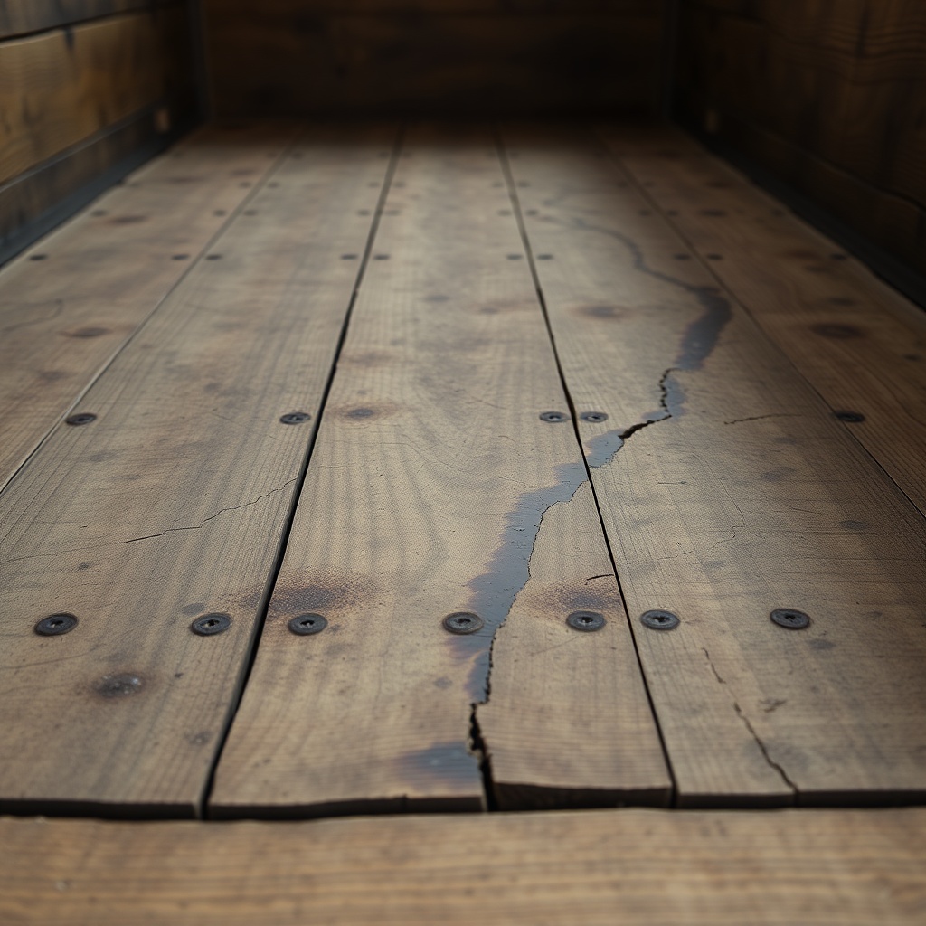 A close-up photorealistic photo of a rotted wood floor section in a horse trailer