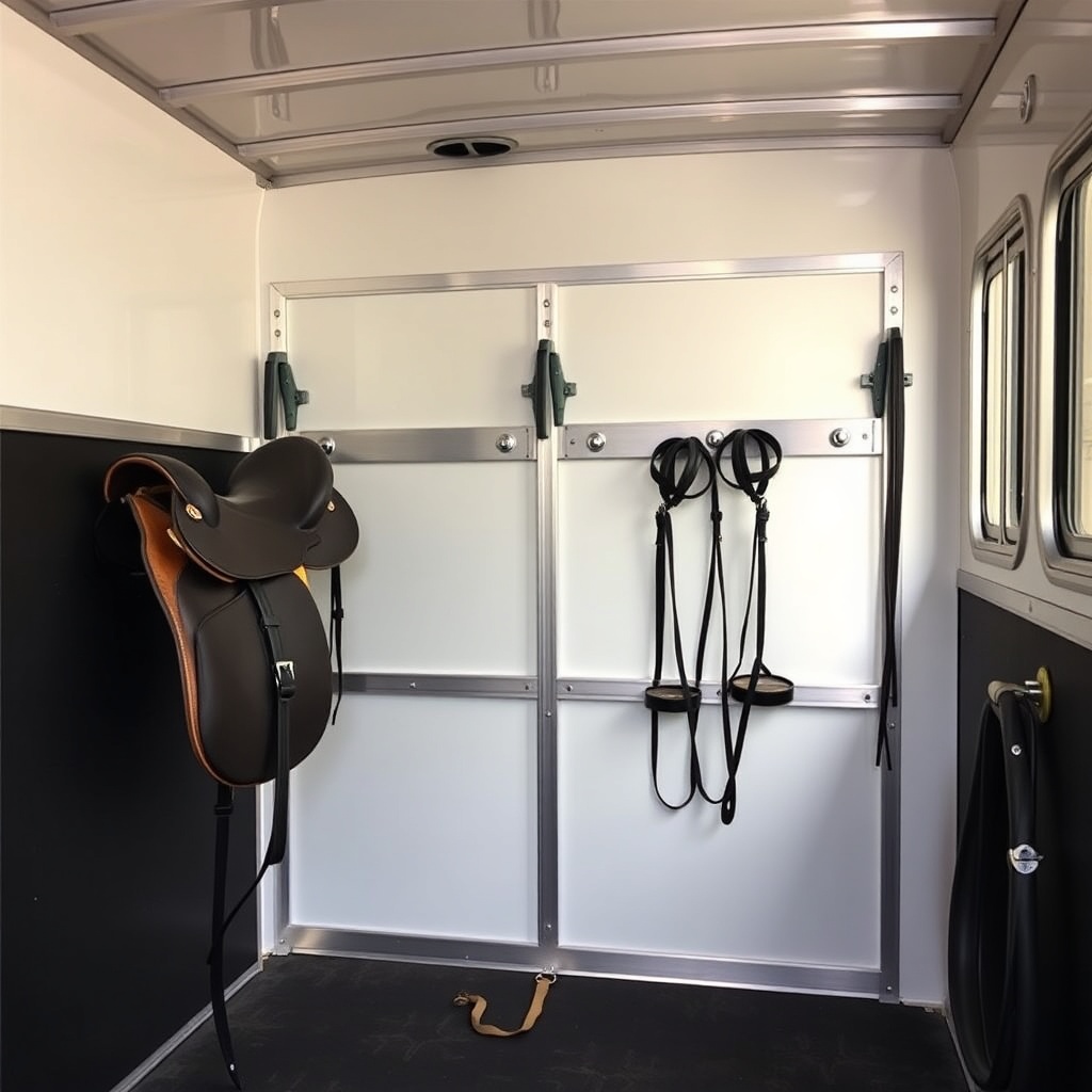 A clean photorealistic photo of the interior of a HorseTrailerPro tack compartment