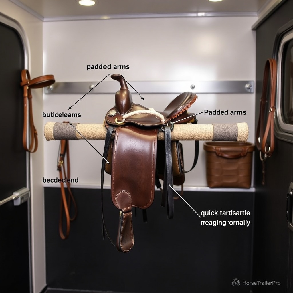 A clean photorealistic photo of a HorseTrailerPro tack room interior