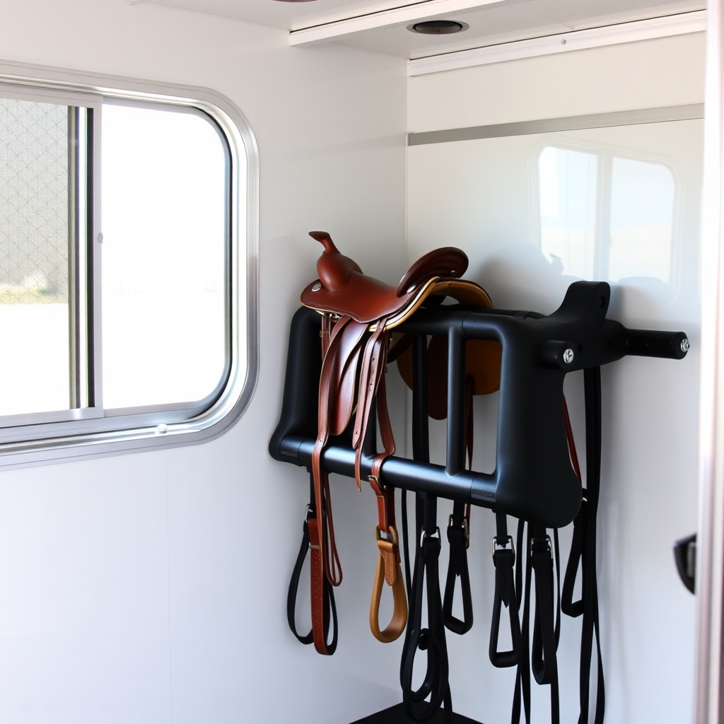 <A clean photorealistic photo showing three western saddles stored on HorseTrailerPro sadd