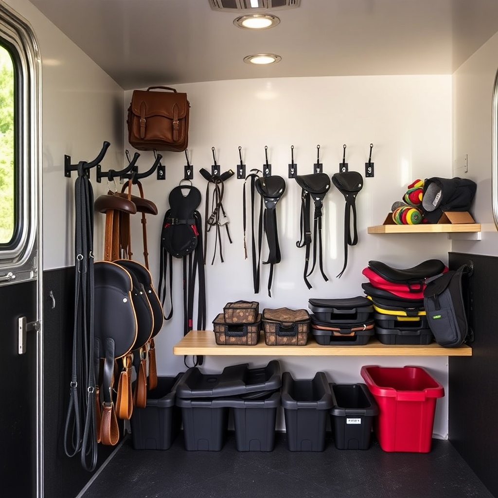 <A clean photorealistic photo showing an owner's HorseTrailerPro tack area with saddle rac