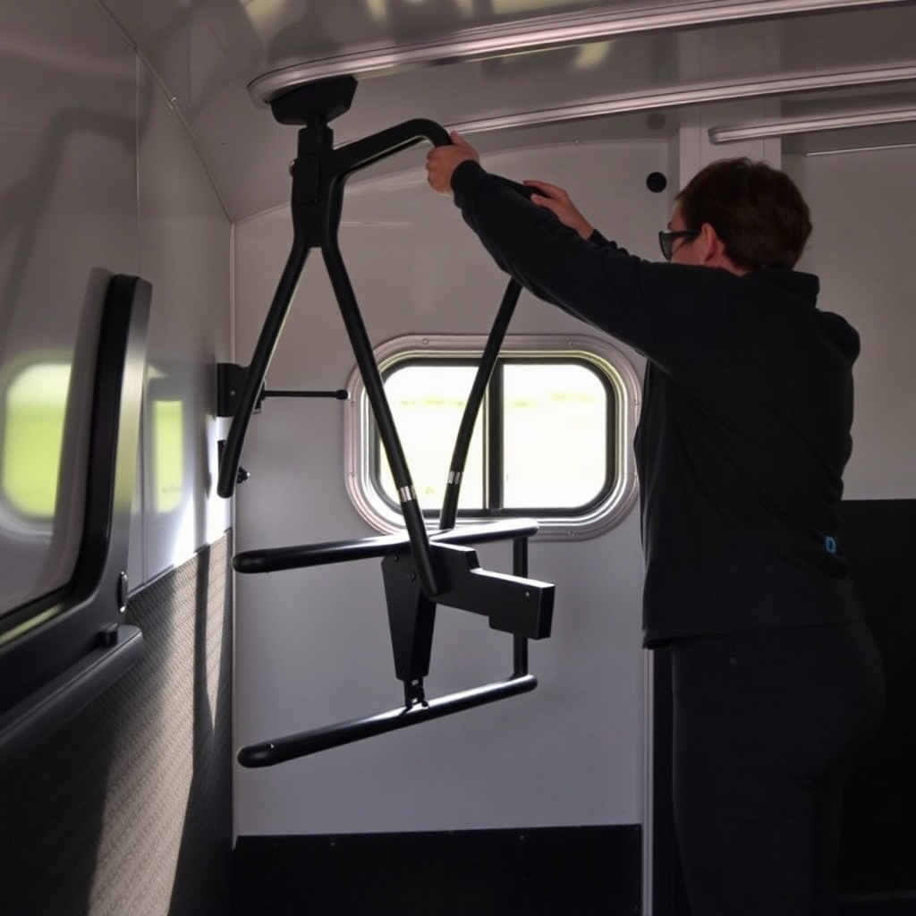 A photorealistic photo showing a rider adjusting the angle of a saddle rack inside a Horse