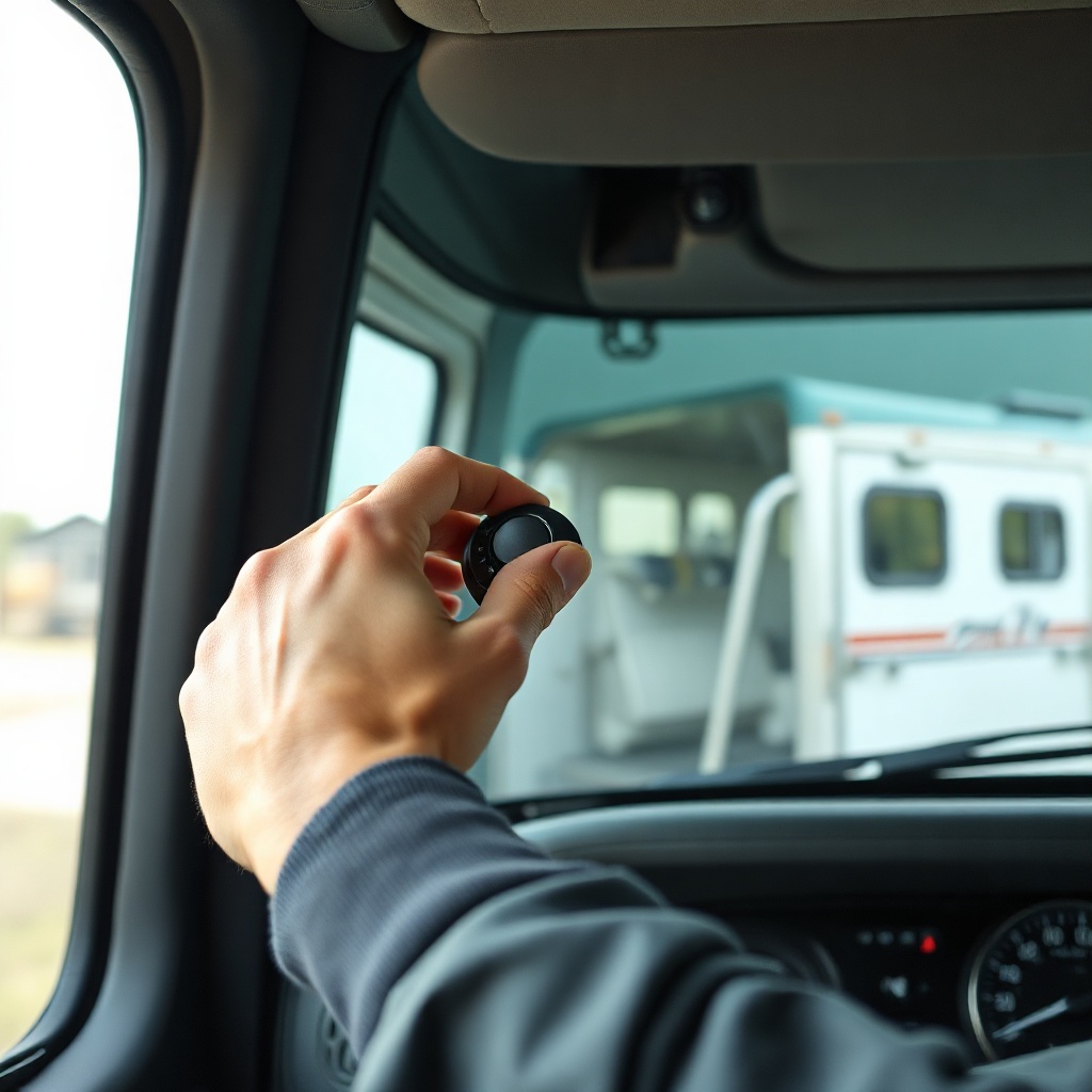 A clean photorealistic photo of a driver's hand adjusting a brake controller dial inside a