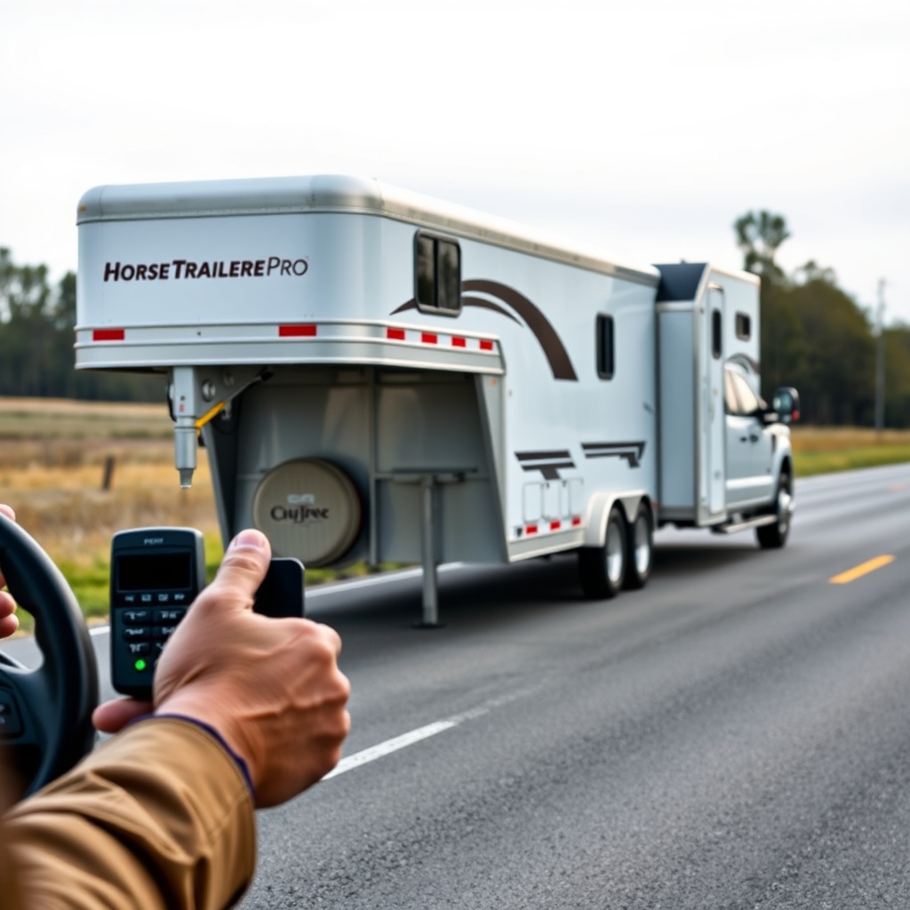 A clean photorealistic photo of a HorseTrailerPro gooseneck trailer hitched to a pickup tr