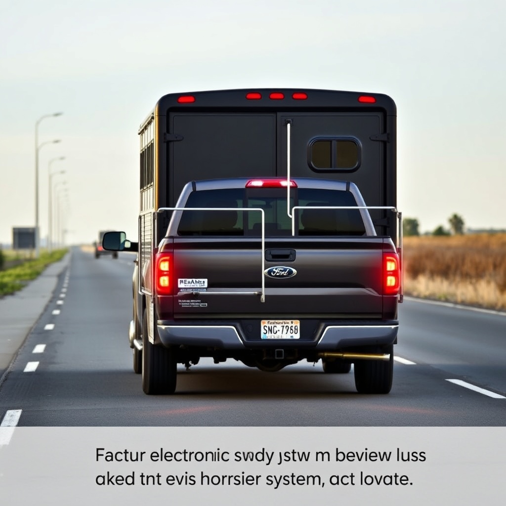 A photorealistic photo of a HorseTrailerPro two-horse trailer hitched to a pickup truck on