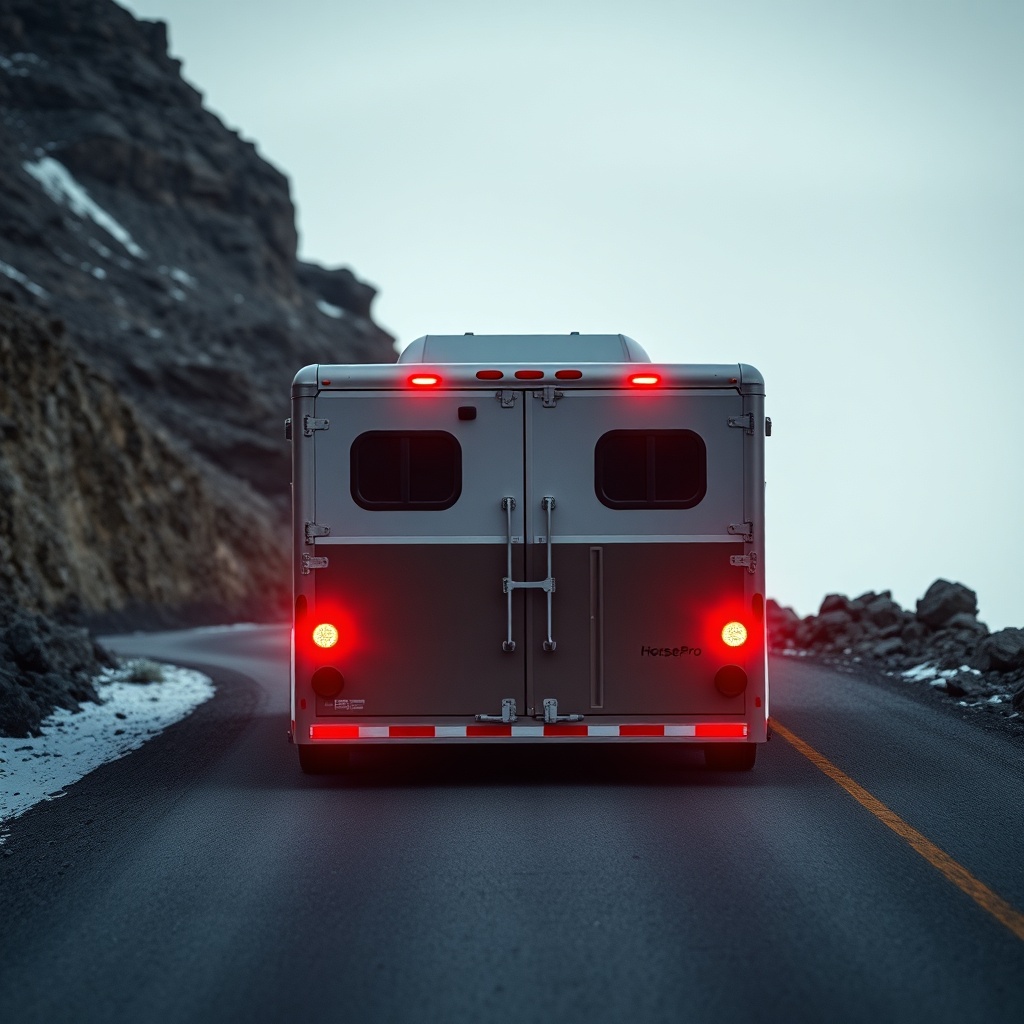 A photorealistic photo of a HorseTrailerPro gooseneck trailer descending a steep mountain
