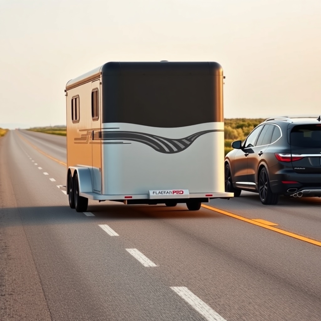 A clean photorealistic photo of a HorseTrailerPro being towed by a modern SUV on a straigh