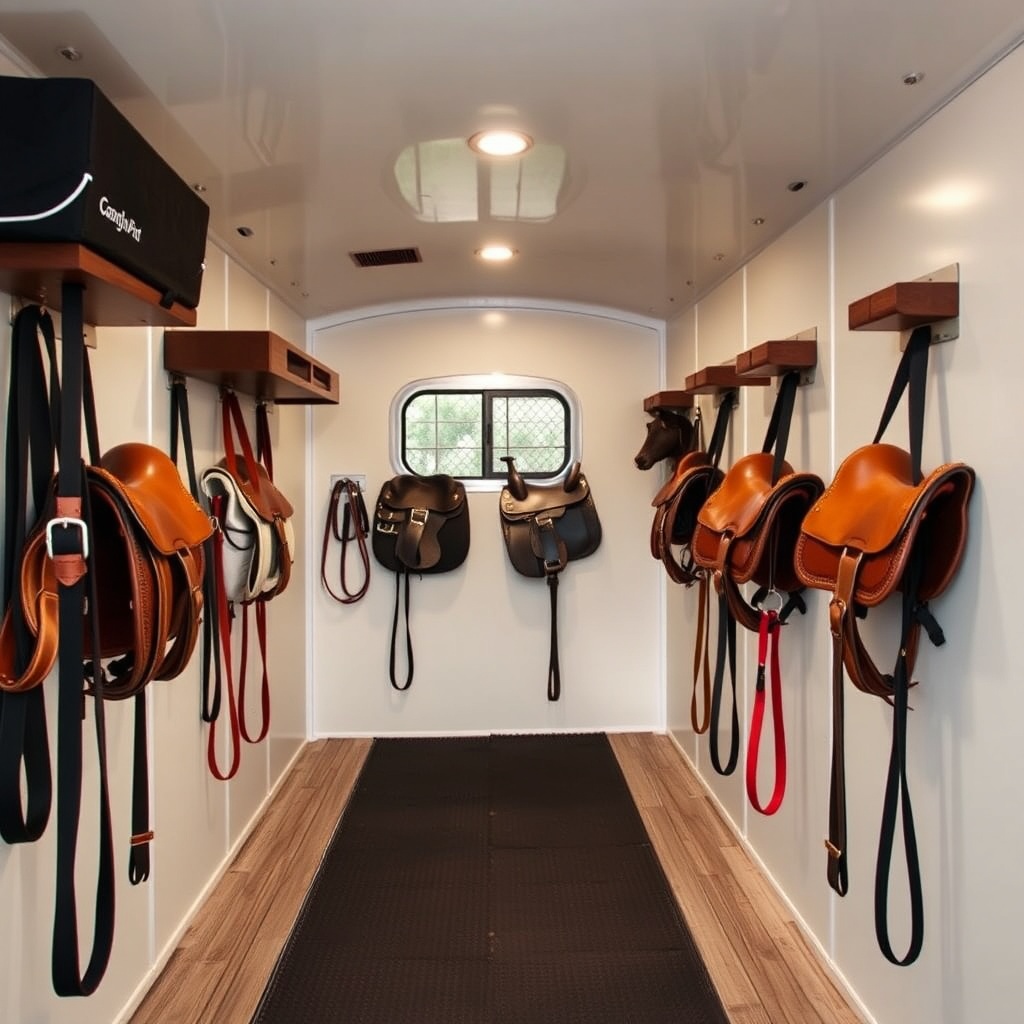 A clean photorealistic photo of the interior of a HorseTrailerPro dressing room with evenl