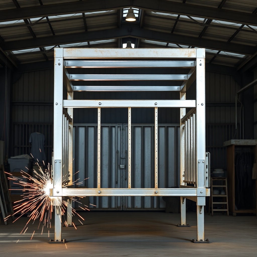 <clean photorealistic photo of a HorseTrailerPro 3-horse gooseneck frame being welded in a