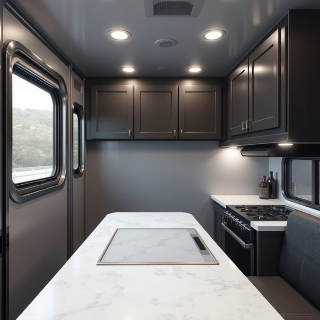 <clean photorealistic photo of a HorseTrailerPro living quarters interior showing a solid-