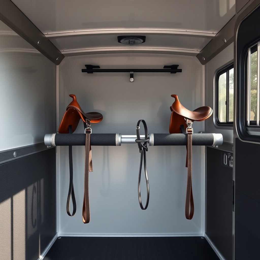 A clean photorealistic photo of a horse trailer interior showing two adjustable saddle rac