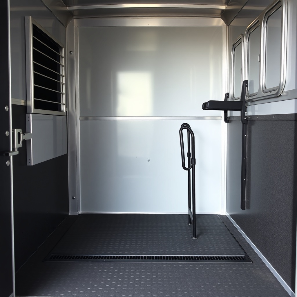 A clean photorealistic photo of a horse trailer tack room interior showing a louvered side