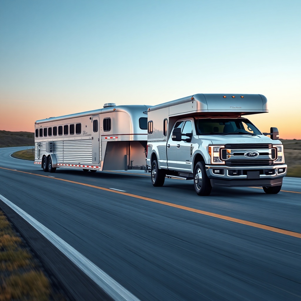 A photorealistic photo of a silver HorseTrailerPro 3-horse gooseneck trailer hitched to a