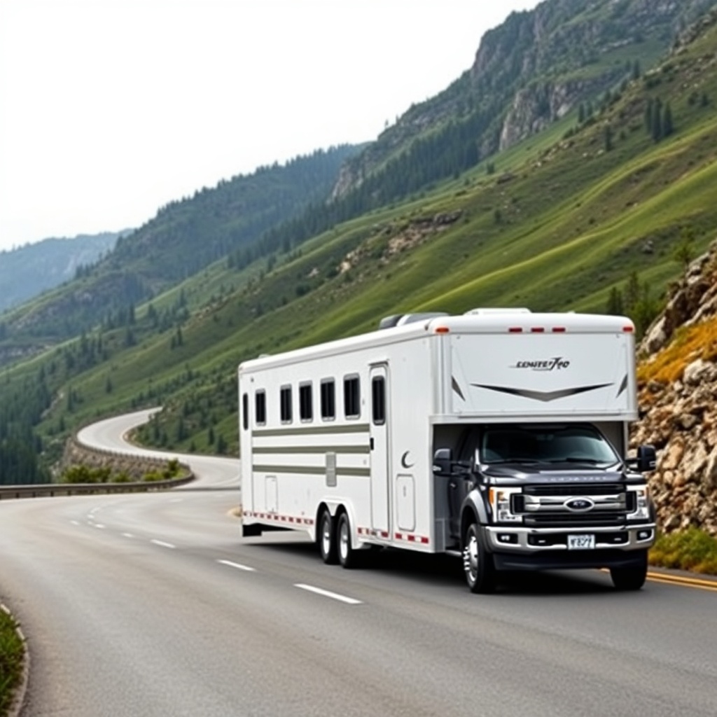 A photorealistic photo of a HorseTrailerPro 3-horse gooseneck trailer navigating a sharp