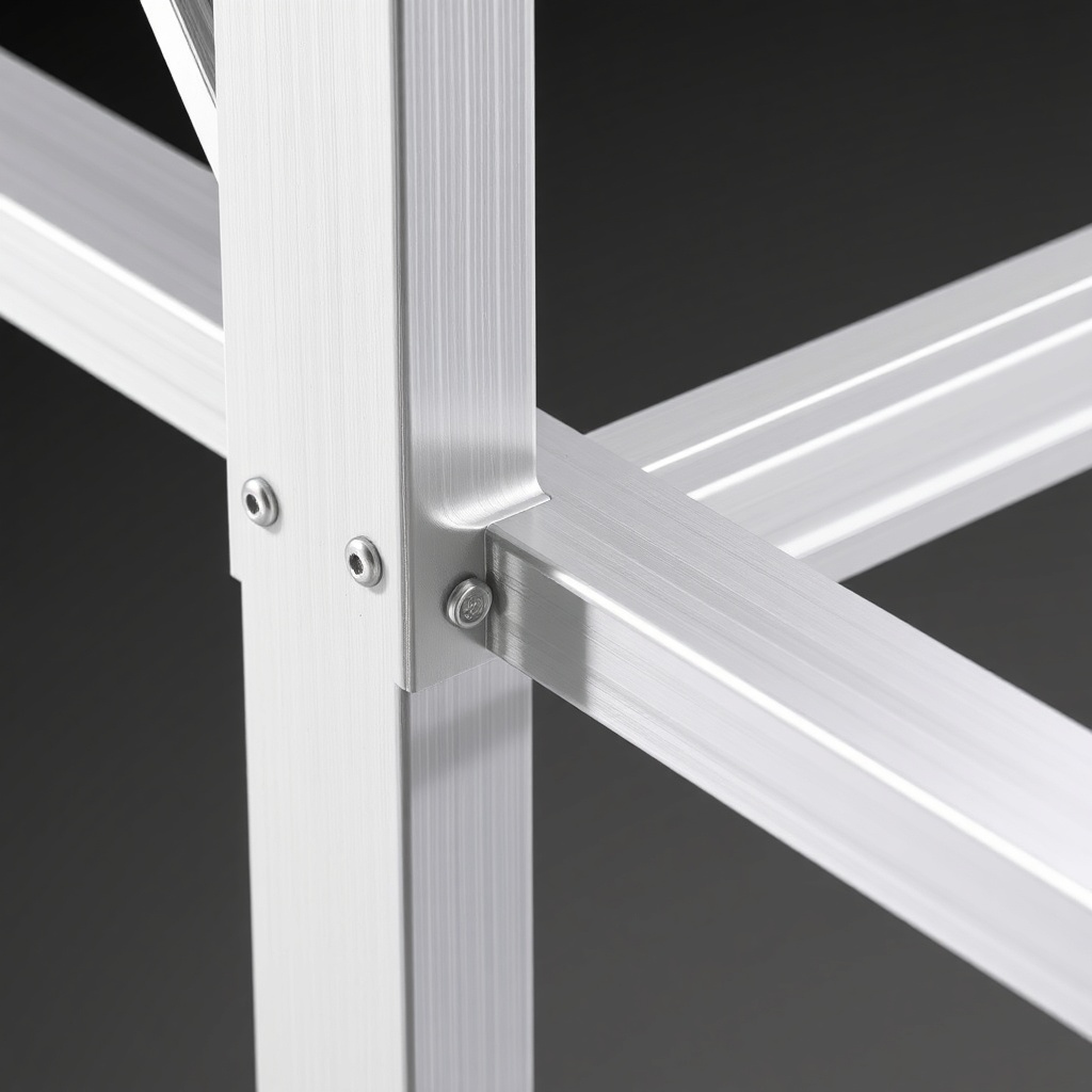 A photorealistic close-up shot of a Featherlite 8549 aluminum frame corner gusset and cros